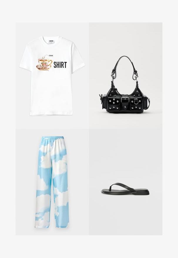 White cotton t-shirt featuring a graphic of a floral teacup with a teabag and the word "SHIRT" in bold black letters.; Sky blue pants featuring a cloud pattern, made of smooth fabric, with an elastic waistband and wide legs. No visible pockets or hardware.; Black flip-flop made of smooth leather, featuring a thin strap design and a flat sole with a minimal profile. No notable patterns or accents.; Black leather handbag with a curved design, featuring silver studs, a buckle, and two side pockets. Adjustable strap for carrying options.