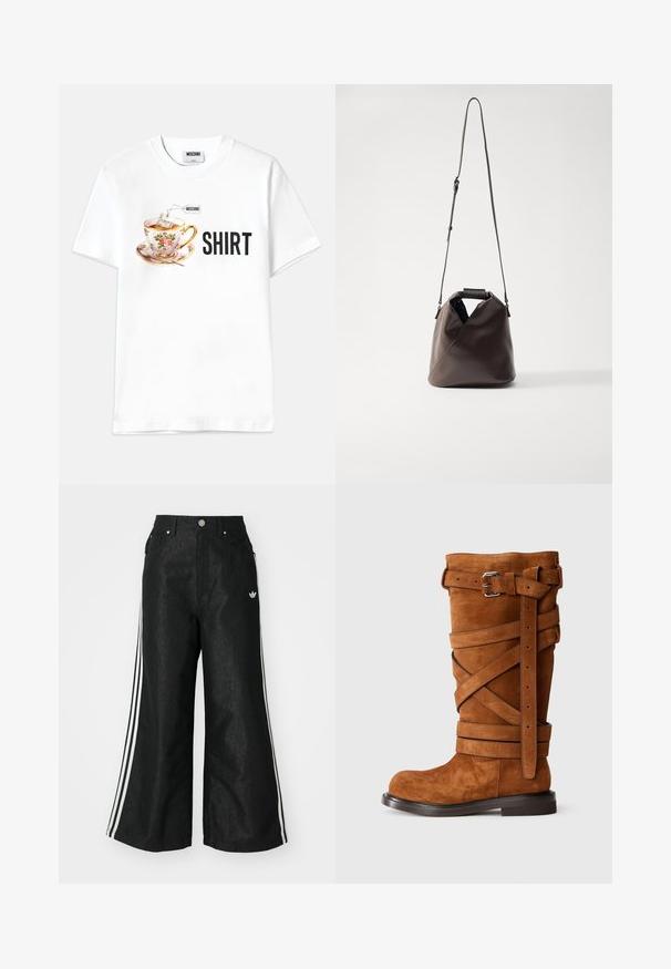 White cotton t-shirt featuring a graphic of a floral teacup with a teabag and the word "SHIRT" in bold black letters.; Black wide-leg denim pants with three white stripe accents on each side and a small white logo. Features front pockets and a button closure.; Brown suede knee-high boot with crisscross straps, two silver buckles, and flat sole. Features a rounded toe and textured surface.; MM6 Maison Margiela JAPANESE CROSSBODY BAG - Handbag - bracken