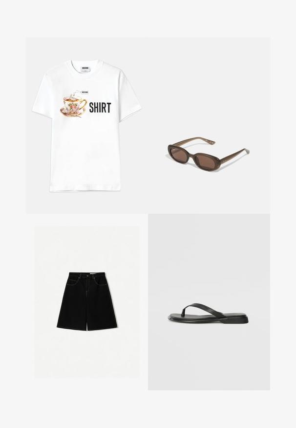 Weißes Baumwoll-T-Shirt mit einem grafischen Motiv einer blühenden Teetasse mit einem Teebeutel und dem Wort "SHIRT" in fetten schwarzen Buchstaben.; Schwarze Denim-Shorts mit lockerer Passform, ausgestattet mit fünf Taschen, gelben Nähakzenten und einem mittelhohen Bunddesign.; Schwarze Flip-Flops aus glattem Leder, mit einem dünnen Riemendesign und einer flachen Sohle mit minimalem Profil. Keine bemerkenswerten Muster oder Akzente.; Braune ovale Sonnenbrillen mit dunklen Gläsern. Das Gestell besteht aus einem transparenten braunen Material und hat ein auf den Bügeln aufgedrucktes Logo.