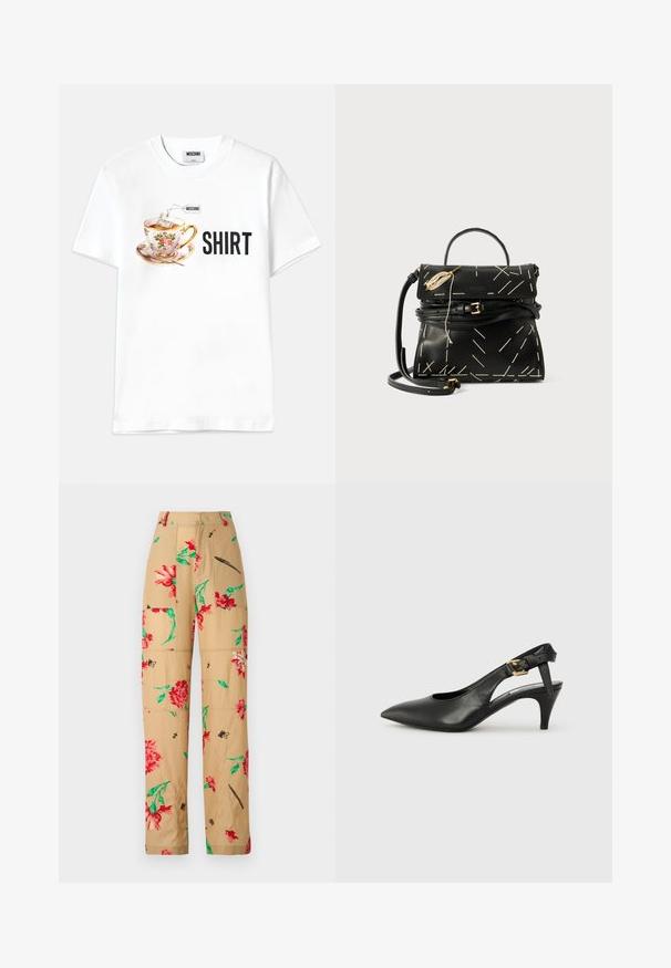 Fehér pamut póló, amelyen egy virágos teáscsésze grafikája látható teafilterrel, és a "SHIRT" szó vastag fekete betűkkel van feltüntetve.; Virágmintás nadrág bézs alappal, piros és zöld virágokkal, fekete akcentusokkal. Hosszú, laza fazon, oldalzsebekkel.; Fekete bőr slingback szivattyú hegyes orral, kis sarokkal és csat részlettel a bokapánton. Simaság, minimalista dizájn.; Fekete bőr kézitáska geometriai fehér varrással, felső fogantyúval és levehető vállpánttal. Arany kiegészítők és cipzáras záródás jellemzi.