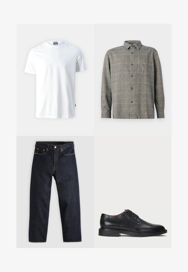 T-shirt de algodão branco com decote redondo e mangas curtas, apresentando um discreto logo em relevo "Joop!" no peito e uma bainha reta.; Camisa de botão de manga longa em padrão xadrez bege e preto com colarinho e bolso no peito, sobre fundo liso.; Jeans de denim azul-escuro com corte reto, cinco bolsos, costura laranja em contraste e fecho de botão. Sem padrões ou adornos visíveis.; Sapato de vestido em couro preto com bico redondo, design com atacadores e um salto baixo empilhado. Textura suave com detalhes de costura mínimos.