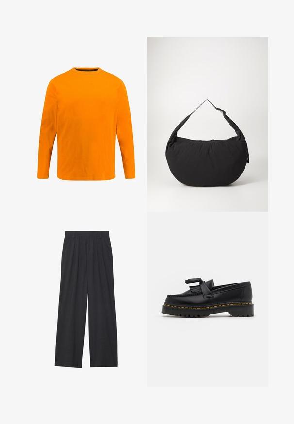 Langarm-Shirt aus leuchtend orangefarbener Baumwolle, mit rundem Halsausschnitt, einfarbig und subtilen Steppnähten am Saum und an den Bündchen.; Weit geschnittene Hosen aus dunkelgrauem Stoff. Merkmale sind Falten an der Taille, ein maßgeschneiderter Schnitt und eine gerade Silhouette.; Schwarze Lederloafers mit einem fransenverzierten Akzent, ausgestattet mit einer robusten schwarzen Sohle und gelber Naht entlang der Kante. Texturierte Oberfläche.; Schwarze Schultertasche aus Stoff mit geschwungener Form, ausgestattet mit einem einzigen Tragegurt und einem Reißverschluss. Weiche Textur, minimalistisches Design.