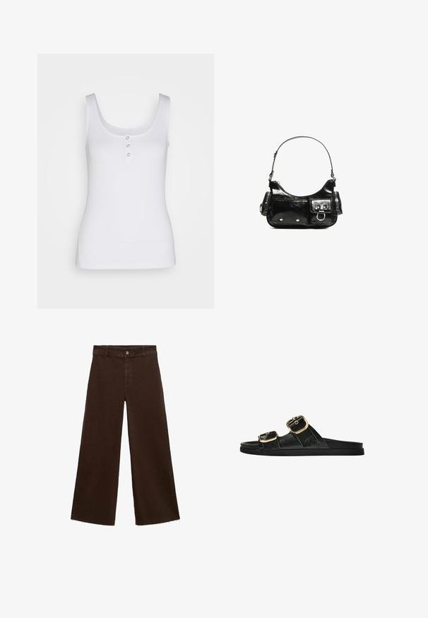 Biely tielko vyrobené z rebrovanej látky, s výstrihom do tvaru srdca a tromi kovovými cvokmi na prednej strane. Hladká textura, priliehavý strih.; Hnedé široké nohavice z bavlnenej zmesi, s roztrhnutým lemom, predným zapínaním na gombík a klasickým dizajnom s piatimi vreckami. Minimalistické a všestranné.; Čierne šľapky s dvoma zlatými prackami, hladký textúrovaný materiál, plochá podrážka a minimalistický dizajn.; Čierna laková kožená kabelka s ohnutým tvarom, jedným ramenným popruhom, prednými vreckami a striebornými kovovými doplnkami.