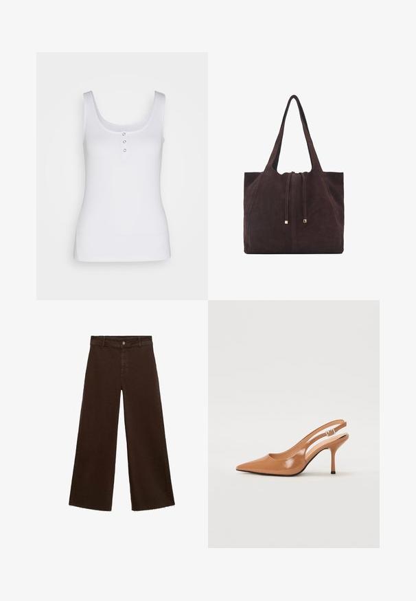 Biely tielko vyrobené z rebrovanej látky, s výstrihom do tvaru srdca a tromi kovovými cvokmi na prednej strane. Hladká textura, priliehavý strih.; Hnedé široké nohavice z bavlnenej zmesi, s roztrhnutým lemom, predným zapínaním na gombík a klasickým dizajnom s piatimi vreckami. Minimalistické a všestranné.; Sandal s úzkym podpätkom a špicatou špičkou v hladkej lesklej hnedej materiáli. Obsahuje zakrivený výrez a štíhly ihlový podpätok. Strieborný prackový detail.; Mango Veľká kabelka - dark brown