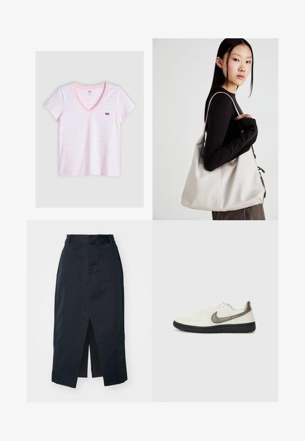 Růžové a bílé pruhované tričko s véčkovým výstřihem vyrobené z měkké bavlny, s krátkými rukávy a malým červeným logem Levi's na hrudi.; Tmavě modrá midi sukně vyrobená z bavlněné směsi, se předním rozparkem, skrytým zipem a bočními kapsami pro praktičnost.; Nike Sportswear FIELD GENERAL - Tenisky - off-white/black; Beige kabelka vyrobená z měkkého materiálu, s volným designem, prošívanými detaily a dvěma ramenními popruhy. Vhodná pro každodenní použití.