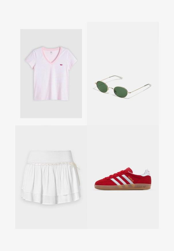 Rosa-weiß gestreiftes V-Ausschnitt-T-Shirt aus weicher Baumwolle, mit kurzen Ärmeln und einem kleinen roten Levi's-Logo auf der Brust.; Weißer Stufenrock mit elastischem Bund, der mit einem strukturierten Rüschenmuster und einem dekorativen Bandakzent versehen ist. Baumwollstoff.; Rote Wildleder-Sneaker mit weißem Dreistreifen-Design und goldenem "Gazelle"-Schriftzug. Besitzt eine Gummisohle und eine strukturierte Ferse.; Sonnenbrille mit goldenem Rahmen, grünen ovalen Gläsern und dünnen Metallarmen. Verfügt über klare Kunststoffspitzen an den Armen für zusätzlichen Komfort.; Geflochtene Strohtasche mit braunen Lederakzenten, zwei Griffen und einem abnehmbaren Gurt. Kurvenform mit einem stabilen Boden.