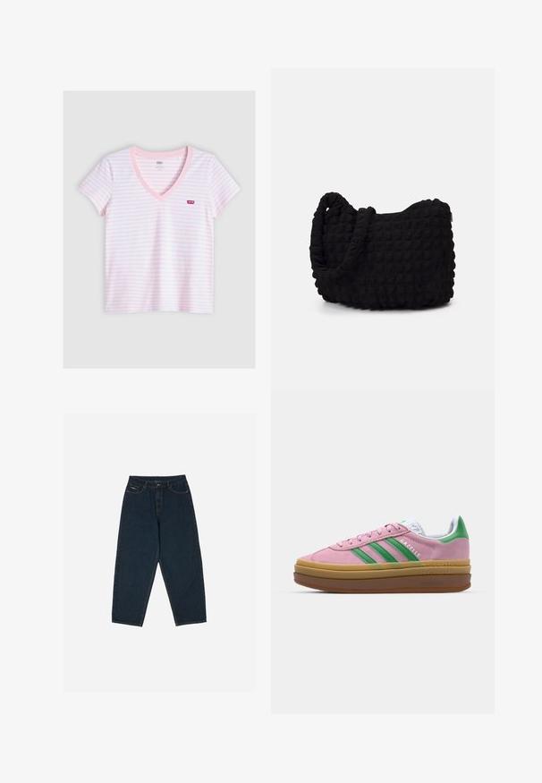 Pink and white striped V-neck t-shirt made of soft cotton, featuring short sleeves and a small red Levi's logo on the chest.; Dark blue high-waisted jeans with a relaxed fit, featuring five pockets and a button closure. Made from denim with a smooth texture.; Pink suede sneakers with green stripes, white accents, and a brown rubber sole. Features textured fabric and logo detailing on the side.; Black fabric bag with a textured, quilted pattern. Rounded shape, short, thick handles, and a soft, flexible structure.
