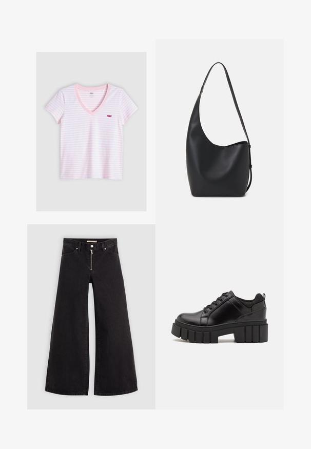 Pink and white striped V-neck t-shirt made of soft cotton, featuring short sleeves and a small red Levi's logo on the chest.; Wide-leg jeans in black denim with a zippered front, five-pocket design, and subtle stitching details. Smooth texture and casual style.; Black leather platform shoes with a chunky block heel, round toe, and traditional lace-up design. Features smooth texture and minimal detailing.; Black leather hobo bag with a smooth texture, curved shape, and single adjustable strap; features a wide opening at the top.