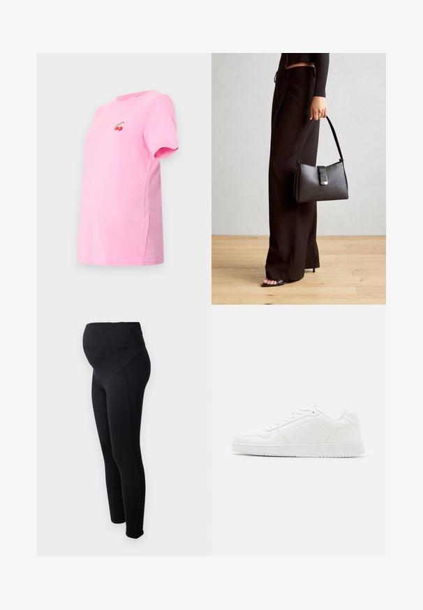 Ροζ βαμβακερό t-shirt με κοντά μανίκια και σχήμα λαιμόκοψης, που διαθέτει κέντημα κερασιού στο μπροστινό μέρος. Λείος υφασμάτινος τύπος και άνετη εφαρμογή.; Μαύρα γυναικεία κολάν εγκυμοσύνης με ψηλό μέσο, κατασκευασμένα από ελαστικό ύφασμα. Διαθέτουν λεία υφή και εφαρμοστό σχέδιο για άνεση.; Λευκό αθλητικό παπούτσι κατασκευασμένο από λείο συνθετικό υλικό, με στρογγυλή μύτη, σχέδιο που δένει με κορδόνια, επίπεδη σόλα και διακριτικές τρυπητές λεπτομέρειες.; Μαύρη τσάντα χειρός με δομημένο σχήμα, λεία υφή και μεταλλικό κούμπωμα. Συνδυασμένη με φαρδιά μαύρα παντελόνια και σανδάλια ανοιχτής μύτης πάνω σε ξύλινο πάτωμα.