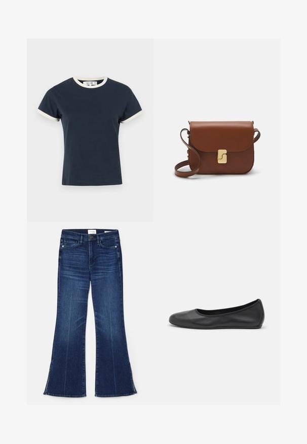 FRAME THE RINGER BABY TEE - T-shirt basic - namu; Jeans a zampa d'elefante blu scuro in denim. Caratterizzati da una vita alta, tasche anteriori e dettagli con spacco all'orlo. Design classico a cinque tasche.; Pantofole da balletto nere in pelle con punta arrotondata, texture liscia, dettagli di cucitura minimi e design con suola flessibile.; Borsa a tracolla in pelle marrone con chiusura a pattina, hardware color oro, tracolla e una finitura liscia. Forma rettangolare compatta.