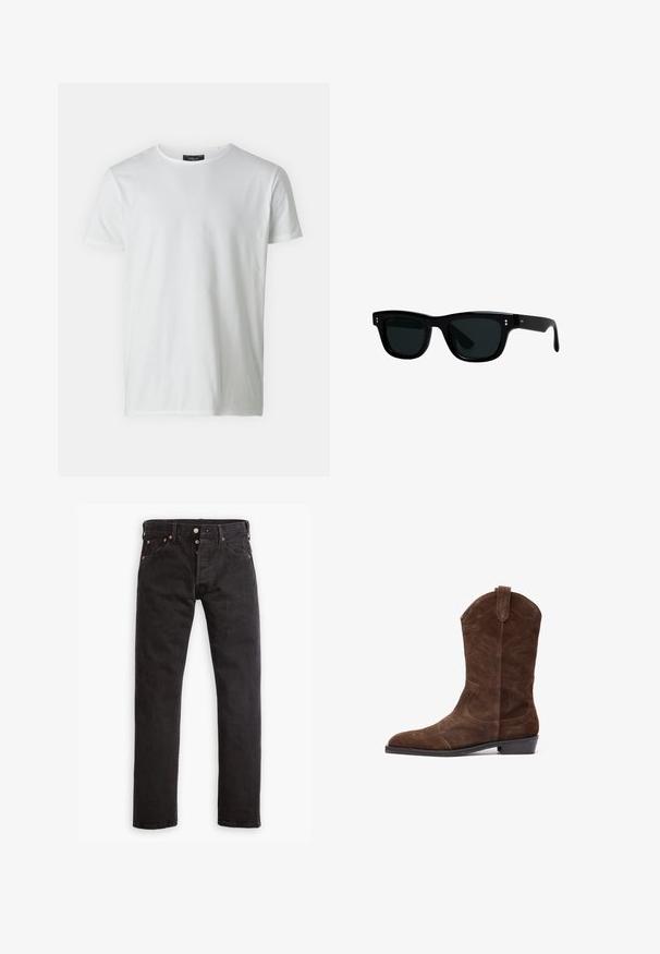 White short-sleeve crew neck t-shirt made of cotton with a smooth texture. Features a tag at the collar. Simple, plain design.; Black slim-fit jeans with button fly, five pockets, and copper rivets laid flat on a white background.; Brown suede cowboy boot with a pointed toe, embossed stitching details, and a low stacked heel. Features side pull tabs for easy wear.; Black sunglasses with square frames, dark lenses, and smooth plastic material. Features small, round accents on the front and slender arms.