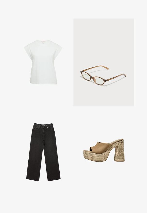 Biała bawełniana koszulka z krótkimi, szerokimi rękawami, okrągłym dekoltem i luźnym krojem. Gładka tekstura i prosty design, bez wzorów ani akcentów.; Czarne dżinsy o szerokich nogawkach, wykonane z denimu, w małe kropeczki, klasyczny pięć kieszeniowy fason oraz zapięcie na guzik i suwak.; Brązowe zamszowe mule na platformie z otwartym noskiem, z grubo plecioną jutową obcasem i gładkim, zaokrąglonym górnym fasonem.; Brązowe okulary w motyle z owalnymi soczewkami, cienkimi ramionami i przezroczystymi akcentami. Posiadają subtelne logo na zauszniku. Smukły, lekki design.
