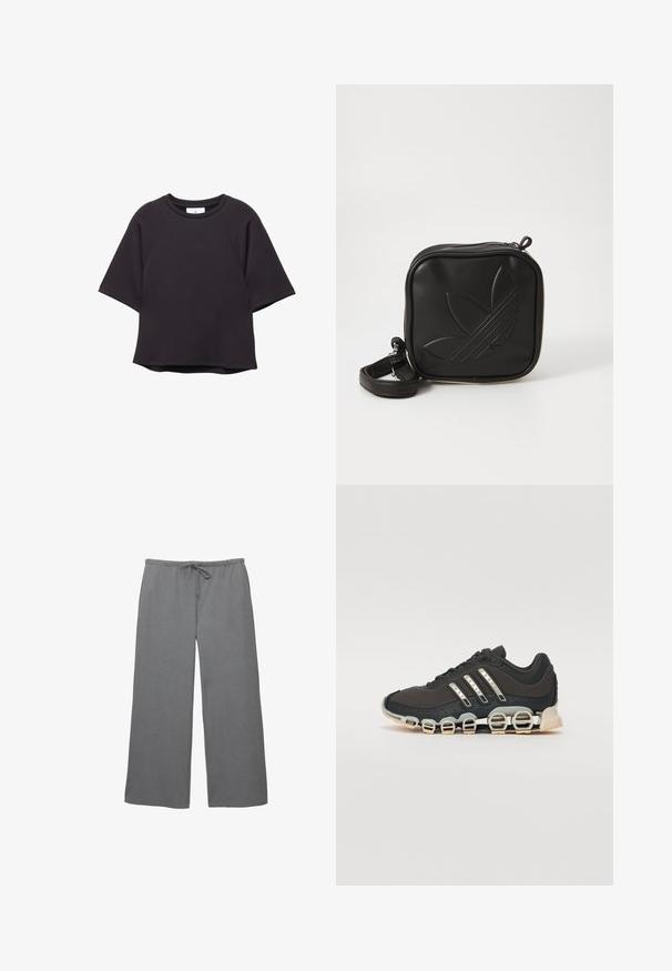 Black short-sleeve crew neck shirt with raglan sleeves and a straight hem, displayed on a white background.; Gray wide-leg trousers made of soft fabric, featuring an elastic waistband with a drawstring and a smooth texture. Simple design without patterns.; Black athletic shoe with a textured upper, three silver stripes, and a distinctive cushioning sole featuring multiple integrated sections.; Black square crossbody bag made of textured synthetic material. Features an embossed logo design and adjustable strap. Zipper closure.