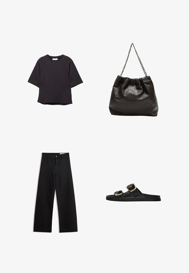 Crna majica kratkih rukava s okruglim izrezom i raglan rukavima, sa ravnim rubom, prikazana na bijeloj pozadini.; Crne široke traperice s visokim strukom, s prednjim i stražnjim džepovima, šivenim šavovima i kopčanjem na gumb. Glatka tekstura.; Crne sandale na klizanje s dva zlatna akcenta u obliku kopči, glatkog teksturiranog materijala, ravnim potplatom i minimalističkim dizajnom.; Smeđa kožna torba s naboranim vrhom i lančićem za nošenje. Glatka tekstura s sjajnim završetkom i suptilnim šavnim detaljima sa strane.