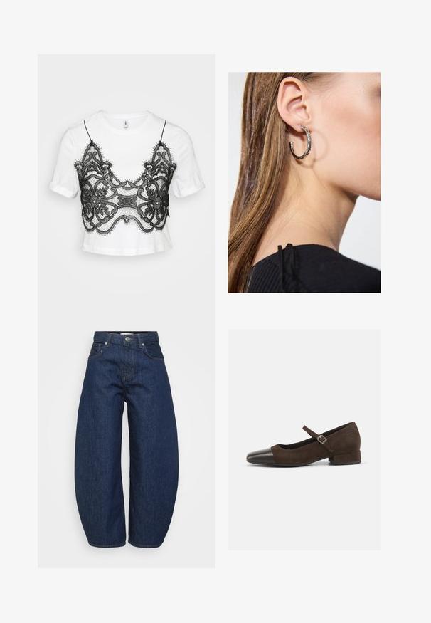 Tricou alb cu mâneci scurte, având un strat superior din dantelă neagră cu modele florale și margini zimțate, creând o estetică stratificată.; Blugi din denim de culoare albastru închis, cu talie înaltă și picioare late, cu închidere frontală cu nasture și fermoar, și design clasic cu cinci buzunare.; Pantofii Mary Jane din suede maro cu vârf din piele patentă neagră, curea ajustabilă și tocul jos în formă de bloc. Textură netedă cu accente minime.; Cercel din argint cu un finisaj polișat, având detalii mici din aur și o formă rotundă, purtat pe lobul urechii.