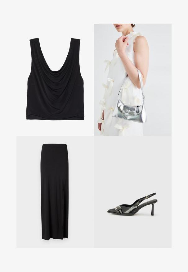 Melns bez piedurknēm tops ar dziļu, izliekto dekoltē un drapēšanas detaļām. Izgatavots no mīksta, elastīga auduma ar gludu tekstūru. Nav redzamu piederumu.; Melnā maxi svārki ir izgatavoti no mīksta, elastīga materiāla. Iedarbība ir sānu šķiršanās un vienkāršs, plūstošs dizains bez rotājumiem.; Melnā patentēta ādas sandale ar norādītu purngalu, potītes siksniņām ar sudraba sprādzēm un aparatūru, kā arī smalku papēdi.; Sudraba metāla rokassoma ar struktūru formu, aprīkota ar augšējo rokturi un priekšpusē esošu loku. Gluda tekstūra, atstarojoša virsma.