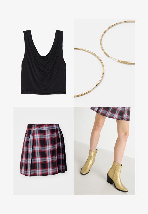 Black sleeveless top with a deep scoop neckline and draped detailing. Made of soft, stretchy fabric with a smooth texture. No visible hardware.; Black plaid skirt featuring red, blue, and gray check patterns, with pleats and a flat waistband for a structured fit. Soft fabric texture.; Gold metallic ankle boots with pointed toes, zip closure, and a block heel. Smooth texture with stitched accents and a classic shape.; Gold-colored hoop earrings, thin and round in shape, with a smooth metallic finish and no embellishments or patterns.