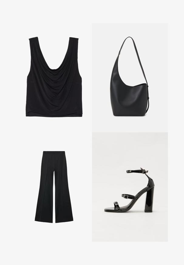 Top nero senza maniche con scollatura profonda e dettagli drappeggiati. Realizzato in tessuto morbido ed elastico con una consistenza liscia. Nessun hardware visibile.; Pantaloni neri a gamba larga con una texture liscia, caratterizzati da pieghe frontali e un design sartoriale. Il tessuto è leggero e fluido.; Sandali con tacco in vernice nera, con punta squadrata, cinturini alla caviglia e fibbie in argento. Presentano un tacco a blocco spesso per maggiore stabilità.; Borsa hobo nera in pelle con una superficie liscia, forma curvata e una singola tracolla regolabile; presenta un'ampia apertura nella parte superiore.