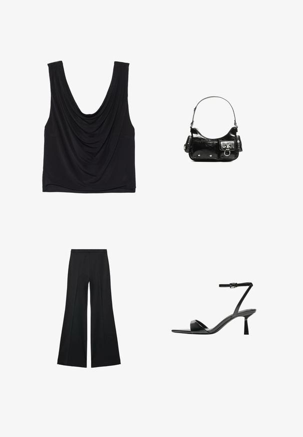 Schwarzes ärmelloses Oberteil mit tiefem Rundhalsausschnitt und drapierten Details. Hergestellt aus weichem, dehnbarem Stoff mit glatter Textur. Keine sichtbaren Beschläge.; Schwarze weit geschnittene Hose mit glatter Textur, ausgestattet mit Frontfalten und einem taillierten Design. Der Stoff ist leicht und fließend.; Bershka High Heel Sandalette - black; Schwarze Lackleder-Handtasche mit geschwungenem Design, einem Schulterriemen, Vordertaschen und silberfarbenen Hardware-Akzenten.