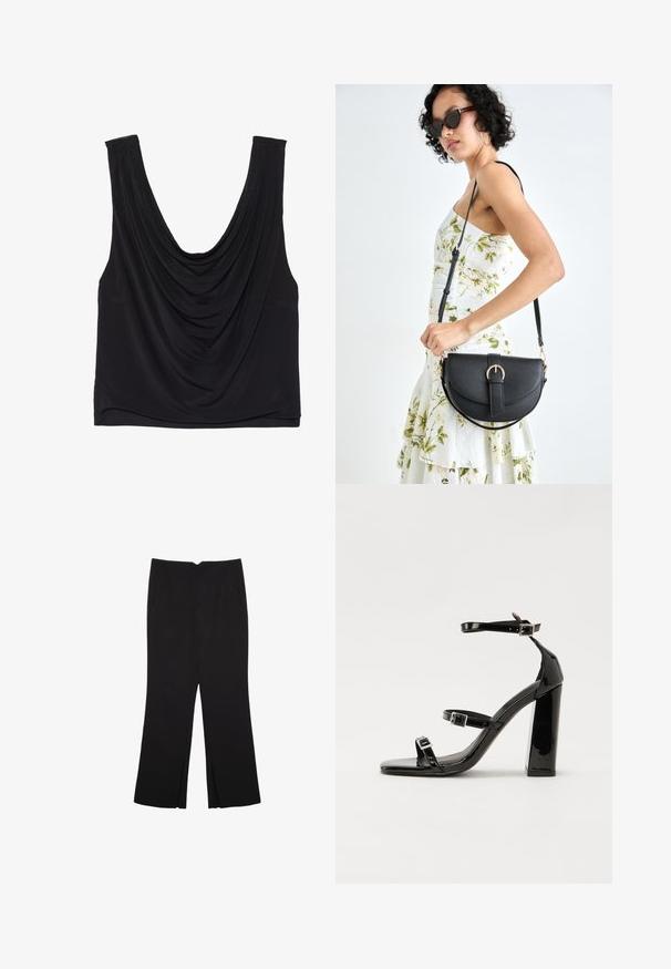 Czarny bezrękawnik z głębokim dekoltem i drapowanym wykończeniem. Wykonany z miękkiego, elastycznego materiału o gładkiej strukturze. Bez widocznych elementów metalowych.; Czarne spodnie o prostym kroju, z przednimi kieszeniami i bocznymi rozcięciami na dole. Wykonane z miękkiego, gładkiego materiału. Odpowiednie na różne okazje.; Czarne lakierowane sandały na obcasie z kwadratowym noskiem, z paskami wokół kostki i srebrnymi klamrami. Posiadają masywny słupek dla stabilności.; Czarna skórzana torebka o zakrzywionym kształcie, z odpinanym paskiem i złotymi akcentami. Torebka posiada klapę z zapięciem w kształcie klamry.