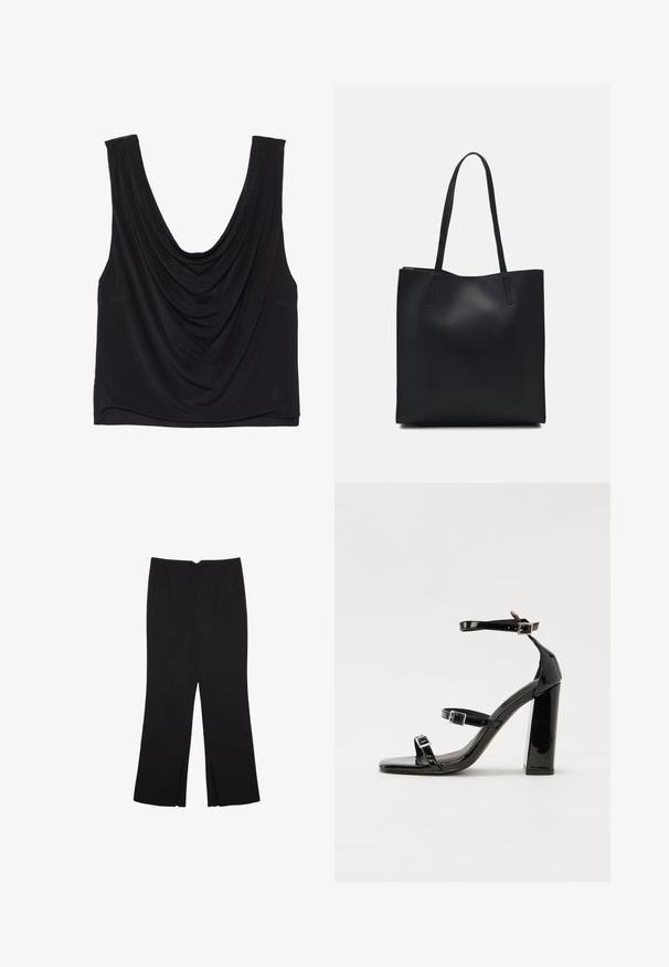 Sort ærmeløs top med dyb udskæring og draperede detaljer. Fremstillet af blødt, strækbart stof med en glat overflade. Ingen synlige detaljer.; Sorte bukser med lige pasform, der har frontlommer og slidser i kanten. Lavet af blødt, glat stof. Velegnet til forskellige anledninger.; Sorte patenterede hælsandaler med firkantet tå, ankelremme og sølvspænder. Har en chunky blokHæl for stabilitet.; Sort læder tote taske med glat tekstur, rektangulær form og to lange hanke. Ingen synlig hardware eller udsmykninger.