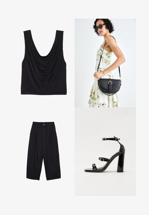 Musta hihaton paita syvällä kaula-aukolla ja roikkuvilla yksityiskohdilla. Valmistettu pehmeästä, joustavasta kankaasta, jossa on sileä pinta. Ei näkyvää metalliosaa.; Musta polyesterinen culotte-housut, jossa on joustava vyötärö, kaksi etupleettiä ja löysä siluetti. Ei näkyviä kuvioita tai metallisia yksityiskohtia.; Musta kiiltävä korkokenkä sandaalit neliönmuotoisella varpaalla, nilkkaremmillä ja hopeisilla soljilla. Varustettu tukevalla lohkokorkealla vakauden takaamiseksi.; Musta nahkainen käsilaukku, joka on kaareva muotoilultaan, irrotettavalla hihnalla ja kultaisilla yksityiskohdilla. Laukussa on läppä, jossa on solk yksityiskohta.