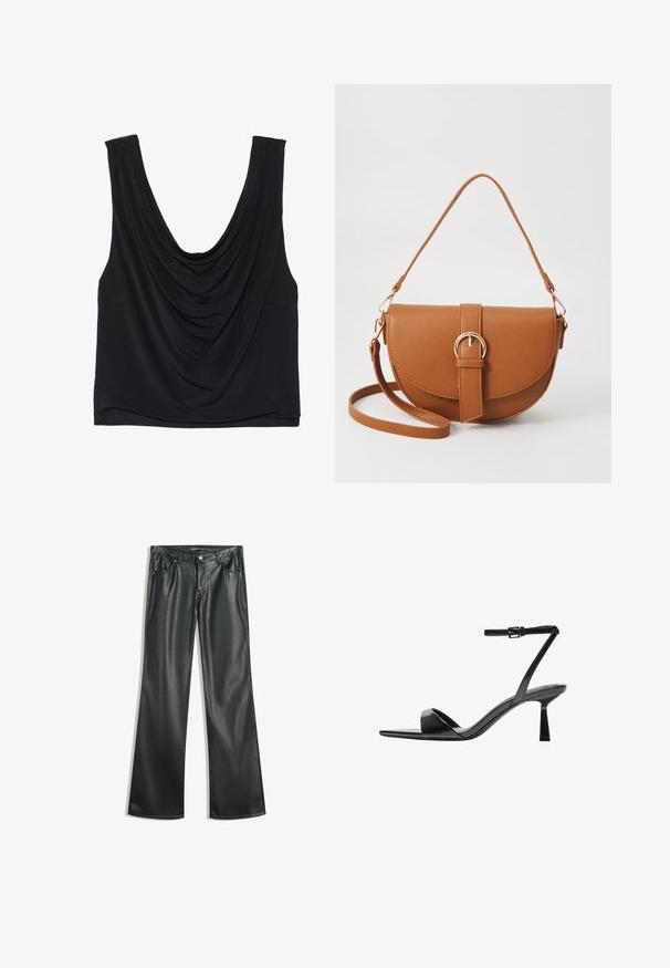 Crna bezrukavna majica s dubokim izrezom i drapiranim detaljima. Izrađena od mekanog, rastezljivog materijala s glatkom teksturom. Bez vidljivih metalnih dijelova.; Crne hlače od umjetne kože širokog kroja s glatkom teksturom, dizajnom s pet džepova, prednjim zatvaračem i kontrastnim šavovima.; Bershka Sandale s visokom petom - black; Smeđa kožna torba preko tijela s zakrivljenim oblikom, zlatnim metalnim detaljima i naglaskom na kopču. Ima odvojivu naramenicu.