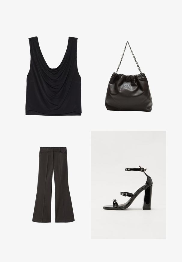 Zwarte mouwloze top met een diepe ronde halslijn en gedrapeerde details. Gemaakt van zachte, rekbare stof met een gladde textuur. Geen zichtbare hardware.; Zwarte flared broek met een hoge taille; beschikt over twee voorkeurszakken en een gladde stoftextuur. Geschikt voor verschillende gelegenheden.; Zwarte gepatenteerde sandalen met hak en een vierkante neus, enkelbandjes en zilveren gespen. Heeft een stevige blokhak voor stabiliteit.; Bruine leren tas met een geplooide bovenkant en een kettinghengsel. Glad textuur met een glanzende afwerking en subtiele naaddetails aan de zijkanten.