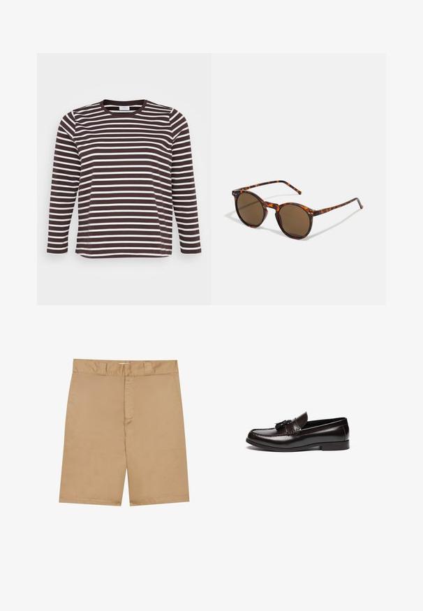 Long-sleeved shirt featuring horizontal brown and white stripes, round neckline, and a soft, smooth texture.; Khaki shorts with a flat waistband, zipper front, and side pockets; made from a smooth, lightweight fabric with a subtle texture.; Brown leather loafers with a smooth finish, featuring a stitched design and decorative tassels on the front. Flat sole and round toe.; Round sunglasses with tortoiseshell frame and brown lenses. Features thin temples with slight texture and metal accents near the lenses.