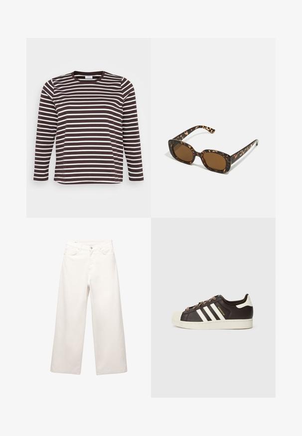 Langærmet skjorte med vandrette brune og hvide striber, rund halsudskæring og en blød, glat tekstur.; Hvide vidde bukser lavet af denim, med et klassisk 5-lomme design, metalknaplukning og syninger langs sømmene.; Low-top Adidas Superstar-sneaker i mørkebrunt læder med cremefarvet skal-tå, hvide striber og teksten "Superstar" på siden.; Skildpadde-solbriller med en rund, kraftig ramme og brune linser. Har subtile mønstre og lige, afsmalnende stænger.; Brun lædertaske med to robuste håndtag, rektangulær form, glat tekstur og lynlås lukning. Minimalistisk design uden synlige mønstre.