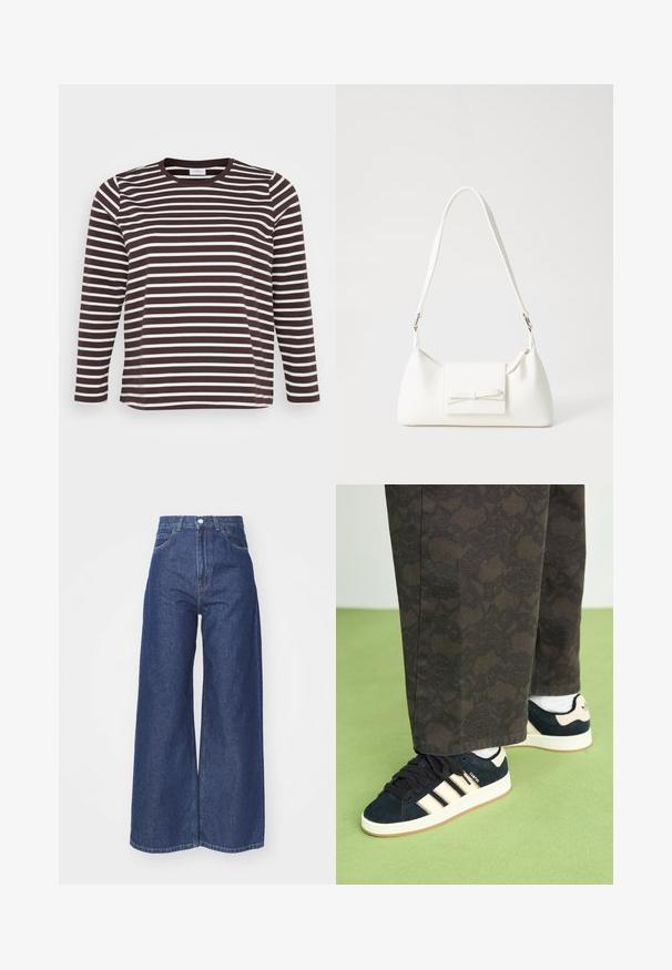 Pikend varrukatega särk, millel on horisontaalsed pruunid ja valged triibud, ümmargune kaelus ning pehme ja sile tekstuur.; Laiad püksteotsad tumedast sinisest denimist. Kõrge vöökoht, lukuga ja nööpidega kinnitamine. Omab klassikalist viit taskut ja ääriseid.; Mustare ja mustrilised püksid, mis on paaritatud tumesiniste sametist tossudega, millel on kreemivärvilised triibud ja valged tallad. Kuvatud pinnad on tekstuuriga ja siledad.; Valge sünteetilisest materjalist kott kolmnurkse kujuga, lame esiklapiga ja kaaredetailiga, reguleeritava rihmaga, sileda tekstuuriga ja minimalistliku disainiga.