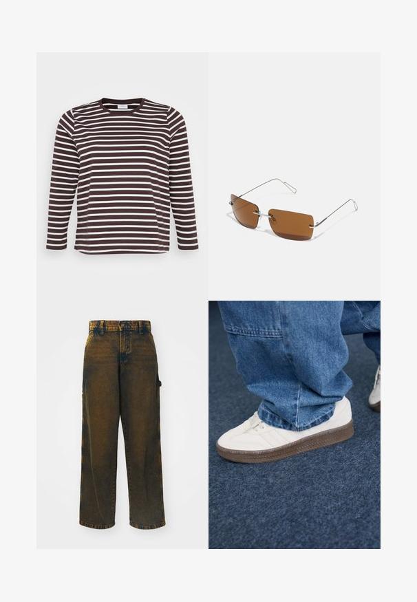 Camisa de manga longa com riscas horizontais castanhas e brancas, decote redondo e uma textura suave e macia.; Jeans de perna larga feitos de denim, com uma cor castanha escura desbotada e acentos mais claros, um design clássico de cinco bolsos e um fecho de botão.; Sapatilhas brancas com solas de borracha castanha texturizada, apresentando três riscas horizontais e um upper liso em calças de ganga.; Óculos de sol retangulares castanhos com montura fina em fio de prata e suportes para o nariz. As lentes são planas e ligeiramente tintadas.