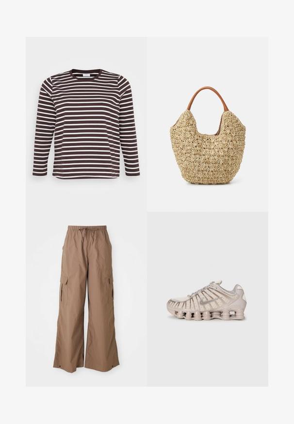 Long-sleeved shirt featuring horizontal brown and white stripes, round neckline, and a soft, smooth texture.; Brown loose-fit cargo pants with drawstring waist and side flap pockets, wide leg design, displayed against a white background.; Light beige athletic shoe with a mesh upper, structured design, and a distinctive cushioned sole featuring cylindrical sections.; Woven straw tote bag with a natural texture and a soft, organic shape, featuring brown leather handles for easy carrying.
