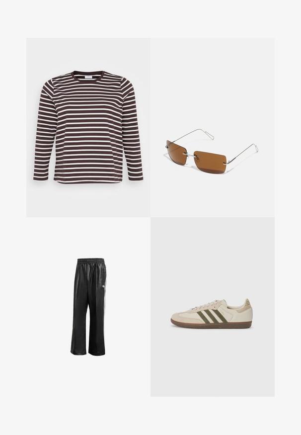 Cămașă cu mânecă lungă, cu dungi orizontale maro și albe, guler rotund și o textură moale și netedă.; Pantaloni de trening sintetici negri cu talie elastică, având dungi albe pe laturi și un mic logo alb pe şoldul stâng.; adidas Originals SAMBA OG UNISEX - Sneakers low - alumina/medium dark khaki/gum; Ochelari de soare dreptunghiulari maro cu rame subțiri din sârmă argintie și suporturi pentru puntea nazală. Lentilele sunt plate și ușor colorate.; Geantă de piele maro cu vârf strâns, curele reglabile și accente metalice. Prezintă un detaliu rotund împletit pe lateral.