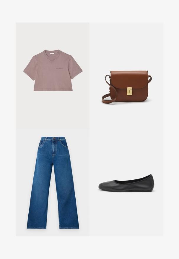 Cropped t-shirt in dusty mauve, made of soft fabric. Features a round neck, short sleeves, and a subtle logo printed on the front.; Wide-leg jeans in dark blue denim with a high waist, featuring front and back pockets, and contrast stitching details.; Black leather ballet flat with a rounded toe, smooth texture, minimal stitching detail, and a flexible sole design.; Brown leather handbag with a flap closure, gold-tone hardware, a shoulder strap, and a smooth texture. Compact rectangular shape.