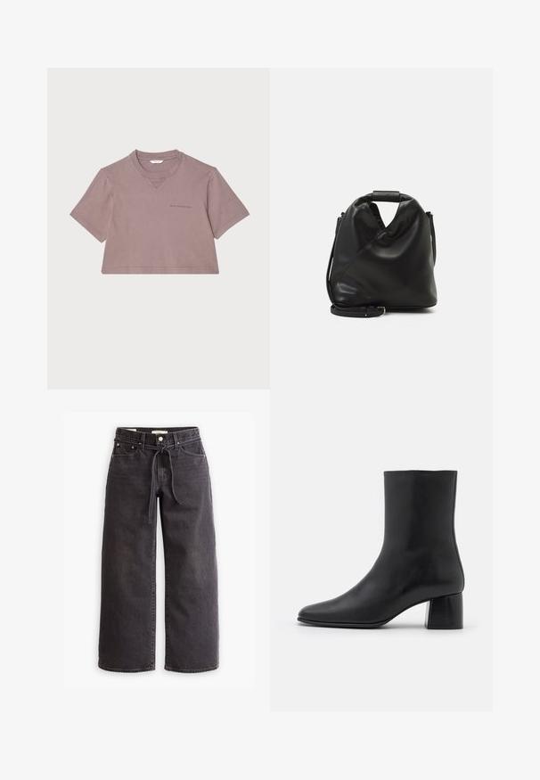Tricou scurt în nuanța mov prăfuit, fabricat dintr-un material moale. Are un guler rotund, mâneci scurte și un logo subtire imprimat pe față.; Jeans negre cu picioare largi, din denim, cu talie ajustabilă cu șnur, cinci buzunare și detalii de cusătură în contrast. Design cu fața plată.; Botine negre din piele, cu vârf ascuțit și toc pătrat masiv. Textură netedă, cu un design fără cusături și cusături minimaliste.; Geantă din piele moale, neagră, cu un design unic, răsucit. Dispune de o mânere scurtă și o curea de umăr detașabilă. Stil minimalist.