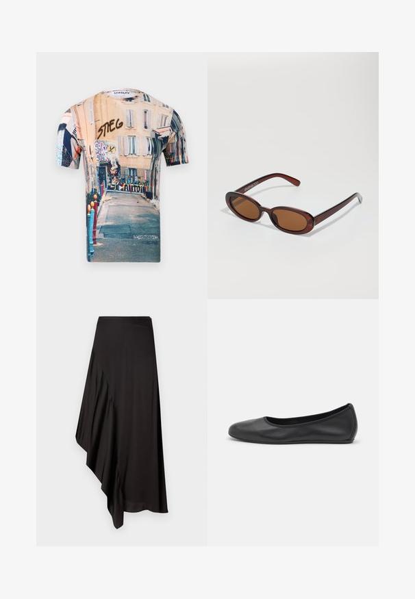 Tříbarevné grafické tričko s krátkým rukávem zobrazující městské scenérie s budovami, graffiti a živými akcenty. Kulatý výstřih, polyesterový mix.; AERON ASTER SKIRT - Pouzdrová sukně - black; Černé kožené baletní byty s kulatou špičkou, hladkou texturou, minimálními švy a flexibilním designem podrážky.; Kulaté sluneční brýle hnědé barvy s lesklým burgundským rámem. Úzké nožičky s jemným logem. Rovné čočky.
