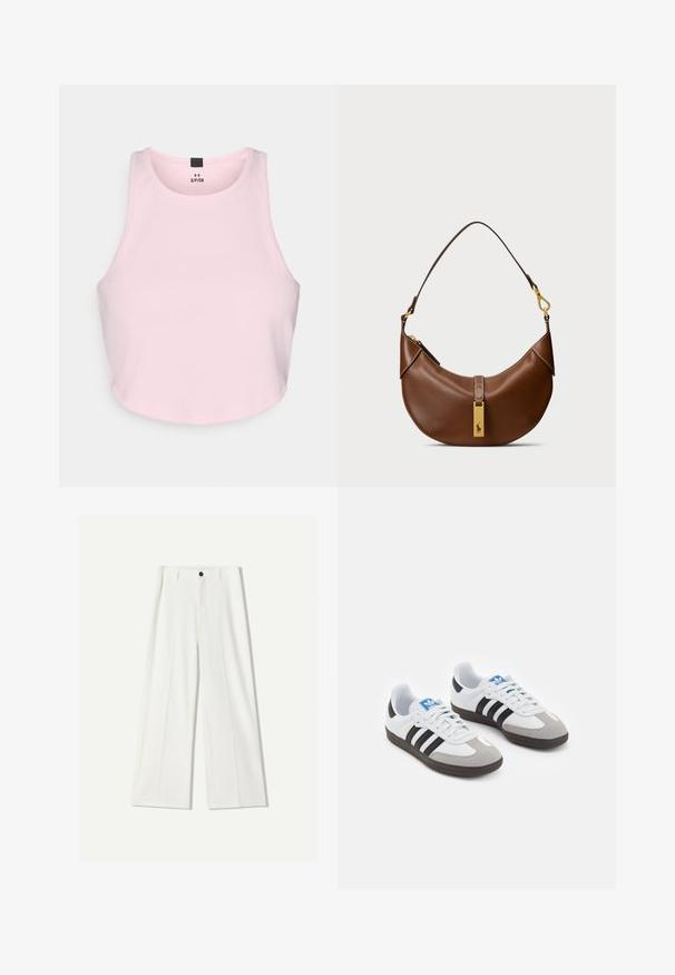 Lichtroze crop top van ribfabric. Heeft een ronde halslijn en een mouwloos ontwerp, met een rechte zoom en geen versieringen.; Witte wijde pantalon van soepel materiaal, met een sluiting aan de voorkant met een knoop en geplooide details. Plat voorkant ontwerp, zonder zichtbare zakken.; Sportschoenen met een witte leren bovenkant, grijze suède neus en drie zwarte strepen. Bevat een blauw logo op de tong en een gestructureerde rubberen zool.; Bruine leren schoudertas met een gebogen vorm, gouden hardware, bovenklepdetail en een logoaccent. Gladde textuur met gestikte randen.