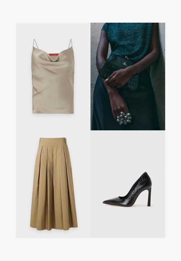 Satin cami i lys taupe med en draperet halsudskæring, tynde justerbare stropper og skrå sømdetaljer. Mærketikette i rød på bagsiden.; Kaki plisseret nederdel med høj talje, lavet af bomuld. Har et flydende design og sømmen afsluttes med subtile syninger.; Sorte spidse tå stiletto-sko i krokodilleskind med et strømlinet design, høj hæl og glat sort inderside.; Sorte clutchtaske med krokodillemønster og sølvhardware, holdt mod en tekstureret grå baggrund. Har en blank overflade.