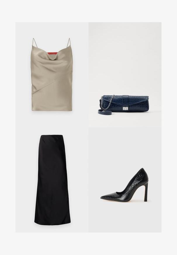 Satin-Camisole in hellem Taupe mit einem drapierten Ausschnitt, dünnen verstellbaren Trägern und diagonalen Nahtdetails. Markenlabel in Rot auf der Rückseite.; Norma Kamali BIAS OBIE SKIRT - Maxirock - black; Schwarzer, spitz zulaufender High Heel mit Krokodilleder-Struktur, elegantem Design, hohem Stiletto-Absatz und glattem schwarzen Innenraum.; Marineblaue Leder-Clutch mit Krokodilstruktur, silberner Kettenriemen und metallischem Verschluss. Rechteckige Form mit Umschlagdesign.