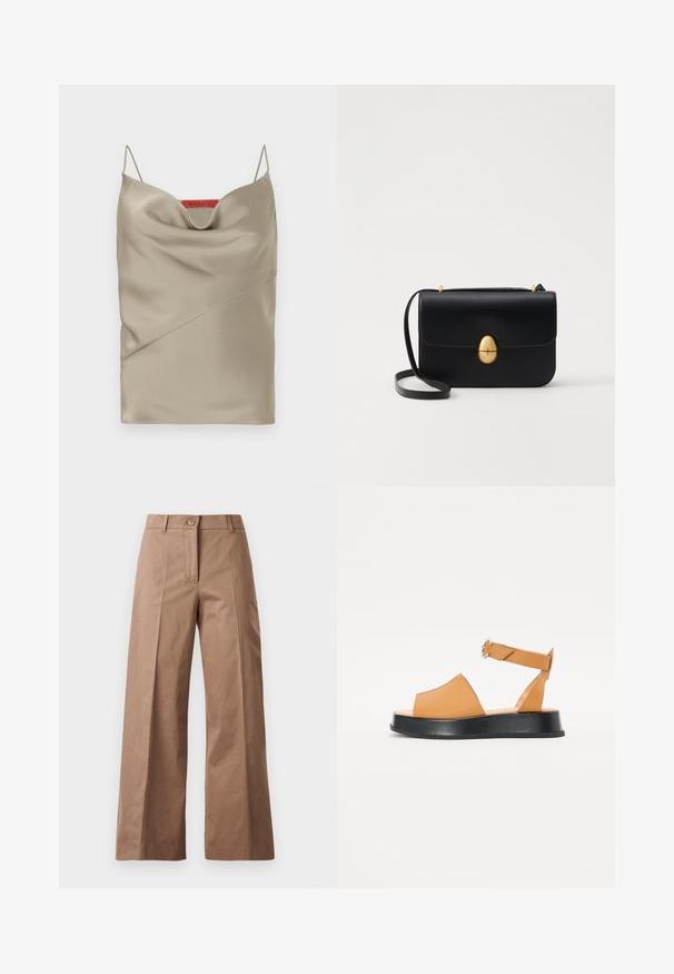 Cămașă de satin în nuanță de taupe deschis, cu decolteu drapat, bretele subțiri ajustabile și detalii cu cusături diagonale. Etichetă de brand roșie la spate.; Pantaloni largi de culoare maronie, confecționați dintr-un material neted, având o închidere cu nasture în față, două buzunare frontale și linii curate, croite.; Sandale din piele arămie cu partea din față largă, vârful deschis, curea ajustabilă și talpă groasă neagră. Textură netedă și design minimalist.; Geantă de mână din piele neagră, cu o formă rectangulară structurată. Are un capac oval auriu și o curea subțire pentru umăr. Textură netedă.