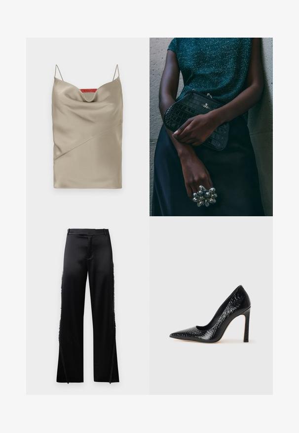 Heledast tooni satiinist kampsun, millel on voltitud krae, õhukesed reguleeritavad rihmad ja diagonaalsed õmblused. Kaubamärgi label punases värvuses taga.; Mustad satiinpüksid laia säärega, mille külgseintel on fruuride detailid ja lame talje. Seljaosa on lihtne, ilma taskuteta.; Mustan teravaotsaga kõrge kontsaga king, millel on krokodillimustriga tekstuur, stiilne disain, kõrge stilettokonts ja sile must sisesisustus.; Must musta tihe-must reptiili nahast pidulik kott hõbedaste detailidega, mille taustal on tekstuuriline hall taust. Omab läikivat pinda.