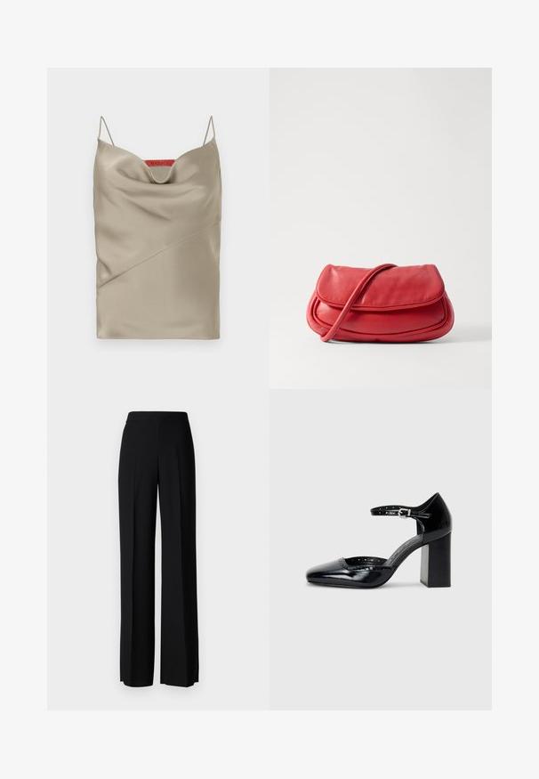 Heledast tooni satiinist kampsun, millel on voltitud krae, õhukesed reguleeritavad rihmad ja diagonaalsed õmblused. Kaubamärgi label punases värvuses taga.; Mustad laiad püksid mustas värvitoonis, sujuva tekstuuri ja kõrge vöökoha ning keskmiste voldikutega. Ilma nähtavate mustrite või tarvikute detailideta.; Mustad lakknahk kingad kõrge kontsaga, ruudukujulise varbaga, pahkluu rihmaga ja paksu kontsaga. Sisaldab perforatsioonidega detaile ääres.; MAX&Co. BEAN - Ülerinna-kott - red