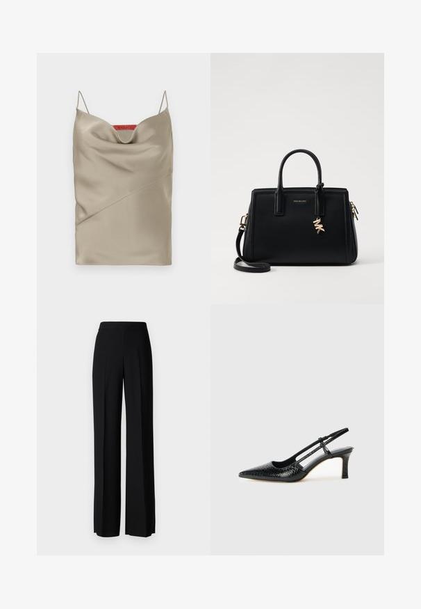 Satin kamizola v svetlem taupe z drapirano ovratnikom, tankimi nastavljivimi naramnicami in diagonalnim šivom. Oznaka blagovne znamke v rdeči barvi na hrbtni strani.; Črne široke hlače z gladko teksturo, z visokim pasom in središnjimi pregibi. Brez vidnih vzorcev ali kovinskih detajlov.; Črne lakaste slingback pete s koničastim nosom, ki imajo teksturiran vzorec kačje kože, nastavljiv trak in kratek teksturiran blok peto.; Črna usnjena torbica s strukturirano zasnovo, dvema zgornjima ročajema, odstranjevanim naramnim trakom, zlatim okovjem in dodatkom z logotipom.