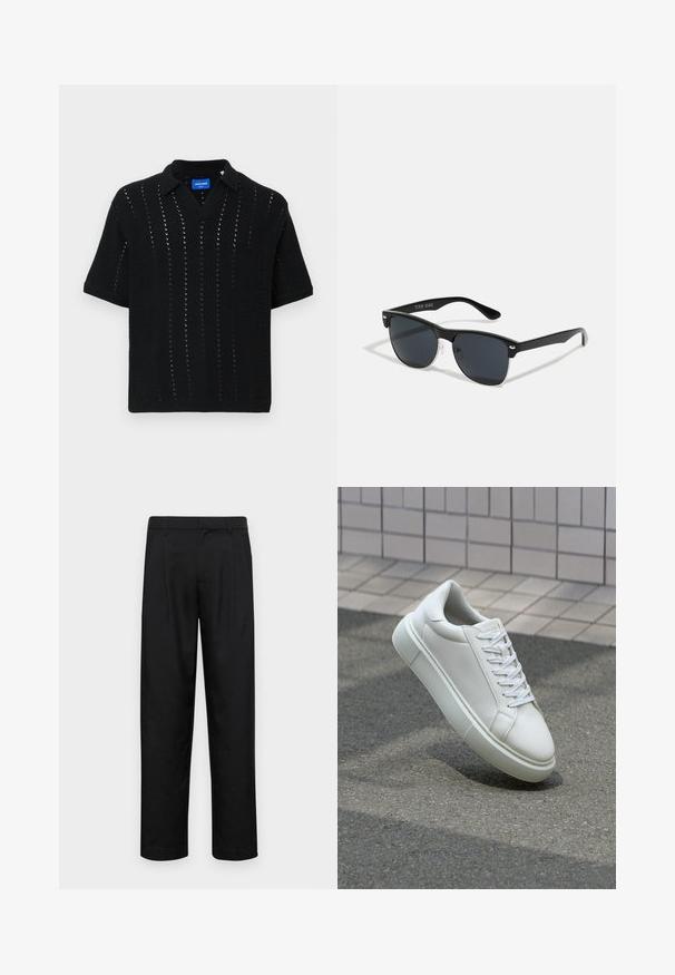 Black knitted polo shirt with short sleeves, featuring a V-neck, openwork pattern, and ribbed cuffs. Label visible inside collar.; Black trousers made of smooth fabric, featuring a straight-leg design, two front pleats, and standard waistband with belt loops.; White leather sneaker with a smooth surface, round toe, and flat white laces. Features a textured rubber sole and minimal design elements.; Black sunglasses with a rectangular shape, dark lenses, silver accents at the temples, and a matte finish on the frame.