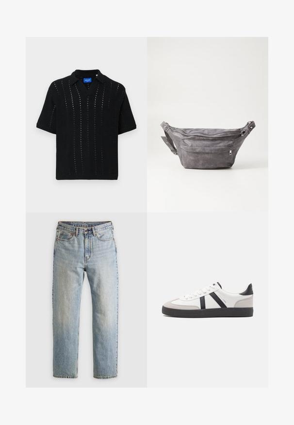 Polo-shirt noir tricoté à manches courtes, présentant un col en V, un motif ajouré et des poignets côtelés. Étiquette visible à l'intérieur du col.; Jean en denim bleu clair à taille haute, avec bouton avant, fermeture éclair et design à cinq poches, posé à plat sur un fond neutre.; Baskets blanches avec des accents noirs et gris, présentant un embout texturé gris, une semelle en caoutchouc noir et des lacets plats blancs. Design épuré, style minimaliste.; Sac banane en suède gris avec une forme arrondie, deux compartiments zippés et une sangle réglable. Comprend des accents en métal.