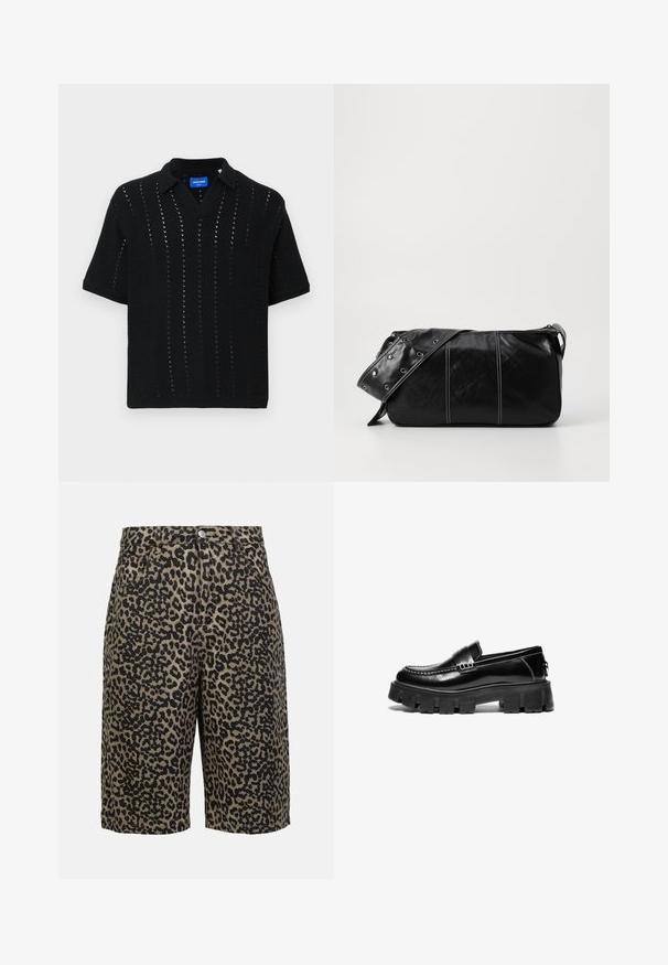 Polo negro de punto con mangas cortas, que presenta un escote en V, patrón calado y puños acanalados. Etiqueta visible en el interior del cuello.; Shorts de mezclilla con estampado de leopardo en tonos tierra, con cierre de botón, cinco bolsillos y un corte relajado.; Mocasines de cuero negro con suela de goma gruesa, cinta decorativa en la parte superior y costuras en blanco contrastante. Textura suave con punta redondeada.; Bolso de hombro de cuero negro con cierre de cremallera, que presenta un cuerpo texturizado, costuras blancas y una correa con ojales plateados.