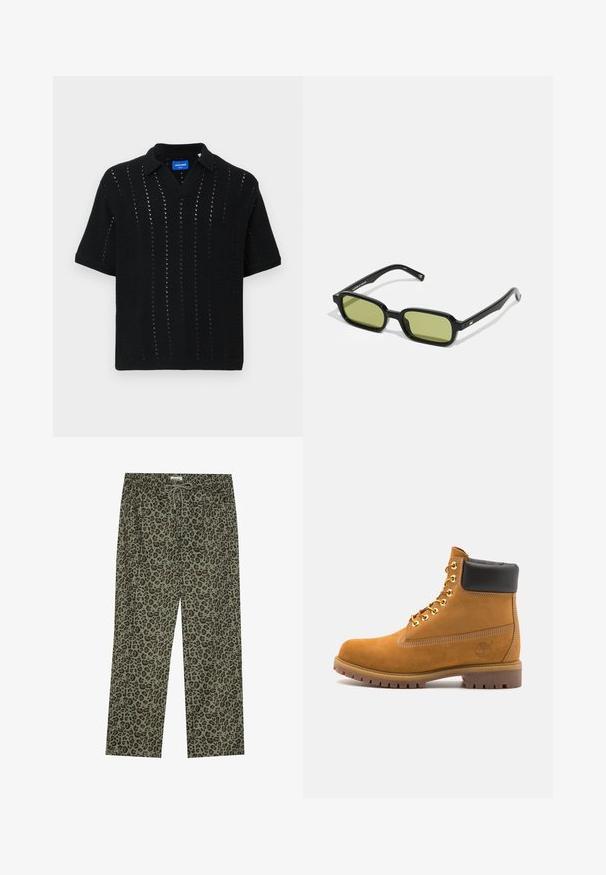 Schwarzes gestricktes Poloshirt mit kurzen Ärmeln, V-Ausschnitt, durchbrochenem Muster und gerippten Bündchen. Etikett im Kragen sichtbar.; Leopardenmuster-Hosen in Olivegrün, aus weichem Stoff, mit elastischem Bund und Zugbandverschluss für eine verstellbare Passform.; Beige Wildleder-Ankle-Boot mit schwarzem gepolstertem Kragen, goldenen Metallösen, weißen Nähdetalben und einer robusten Gummisohle mit ausgeprägtem Profil.; Schwarze Sonnenbrille mit angular Design, grünen, getönten Gläsern und glatten Kunststoffrahmen. Mit goldenen Akzenten an den Bügeln.