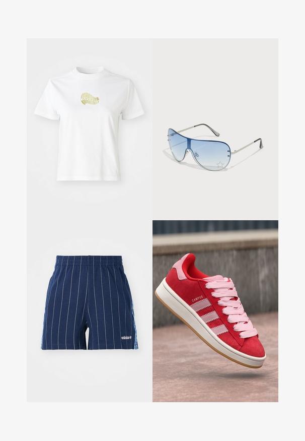 Fehér pamut póló, sárga grafikai mintával az elején. Kerek nyakú, rövid ujjak, és laza szabású. Sima textúra.; Sötétkék, fehér csíkos rövidnadrág, elasztikus derékpánttal és Adidas logóval. Az oldalsó részeken kék részletek találhatók, pamut keverék anyagból készült.; Piros velúr sportcipő rózsaszín részletekkel, három fehér csíkkal és világos rózsaszín fűzőkkel. Fehér középtalp és gumírozott talp.; Pilóta napszemüveg, melynek áttetsző kék lencséje, ezüst fém kerete és díszes csillag díszítések találhatók a lencsén. Simogató és elegáns dizájn.