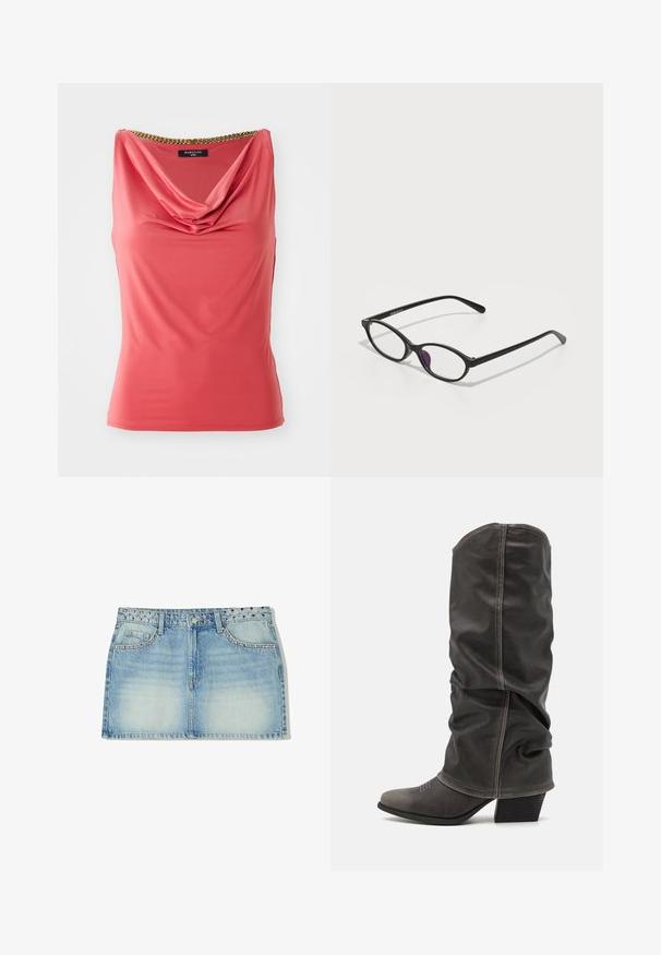 Koraldna brezrokavna majica z drapiranim izrezom in zlatim verižnim detajlom na ovratniku. Gladek, elastičen material z oprijetim krojem in brez vzorcev.; Denim mini krilo v svetlo modri barvi, z okrasnim pasom s konicami, dvema prednjima žepoma in ravnim krojem z zbledelim teksturiranjem.; Sivi usnjeni škornji do meč, z ohlapnim dizajnom, koničastim nosom in plitkim podplatom. Opazna šivana detajla na področju prstov.; Črne plastične očala ovalne oblike, opremljena s prozornimi lečami in enim purpurnim poudarkom na levi leči. Elegantna, minimalistična zasnova.